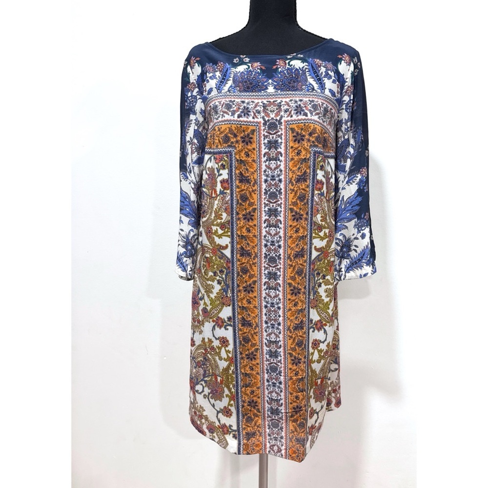 Anthropologie Maeve 100% Silk Barcelona Floral Mirror Scaarf Print Shift Dress 2 - Picture 2 of 12